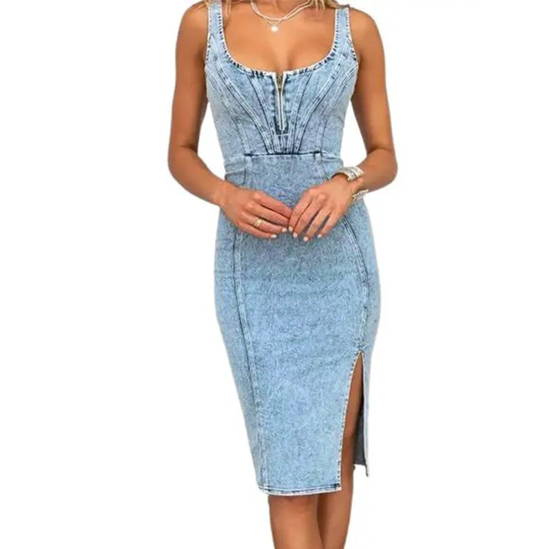 Tatiana™ | Slim-Fit Denim Side Slit Midi Dress